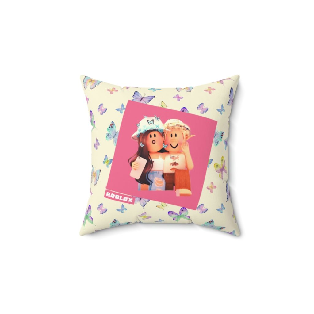 Roblox Girls. Cushion. Colorful butterflies design with lilac and blue tones in beige background. Cool Kiddo 14