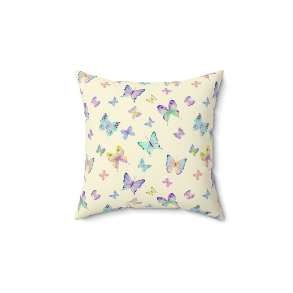 Roblox Girls. Cushion. Colorful butterflies design with lilac and blue tones in beige background. Cool Kiddo 16