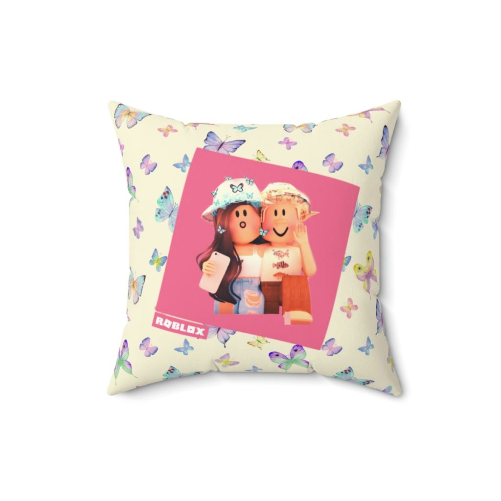 Roblox Girls. Cushion. Colorful butterflies design with lilac and blue tones in beige background. Cool Kiddo 18