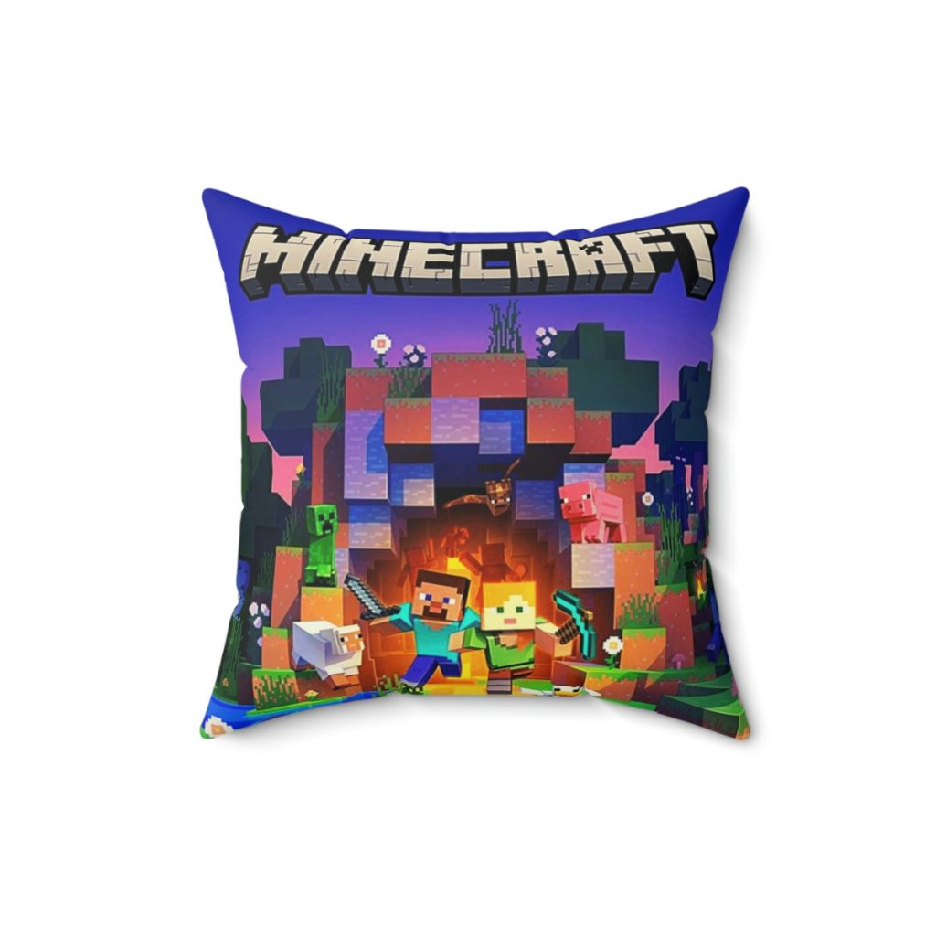 Minecraft Cushion in purple with blue pixelated back. Cool Cushions. Mojang’s legendary game. Cool Kiddo 18