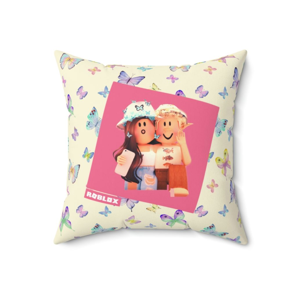 Roblox Girls. Cushion. Colorful butterflies design with lilac and blue tones in beige background. Cool Kiddo 10
