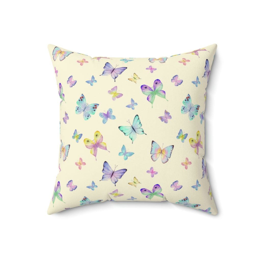 Roblox Girls. Cushion. Colorful butterflies design with lilac and blue tones in beige background. Cool Kiddo 12
