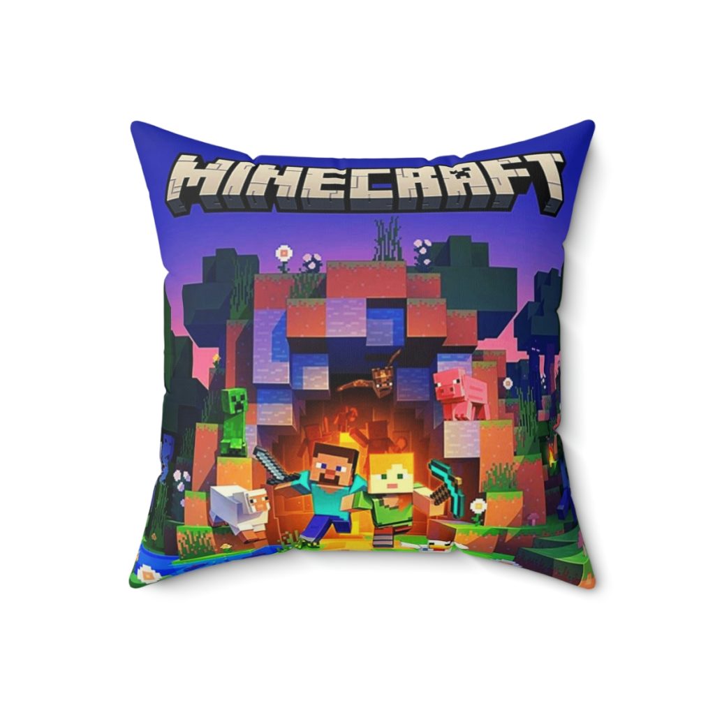 Minecraft Cushion in purple with blue pixelated back. Cool Cushions. Mojang’s legendary game. Cool Kiddo