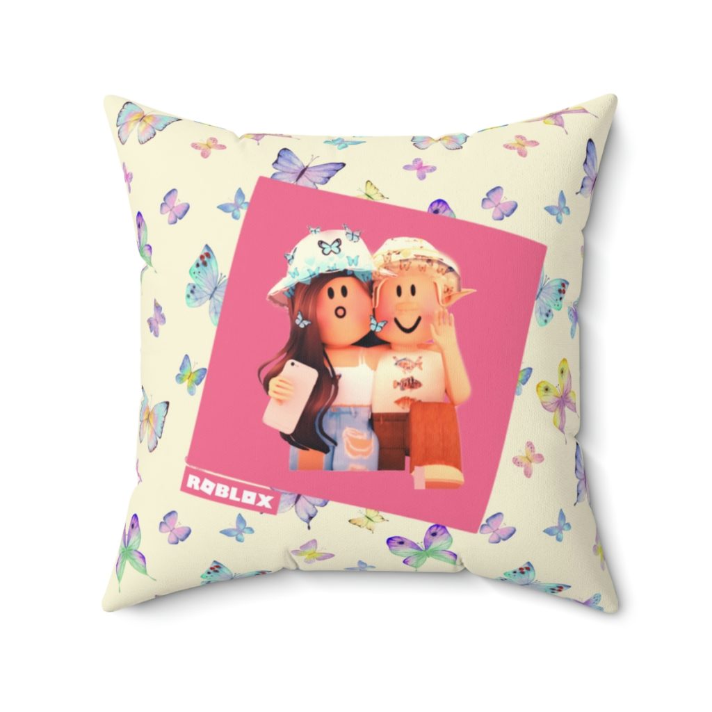 Roblox Girls. Cushion. Colorful butterflies design with lilac and blue tones in beige background. Cool Kiddo 22