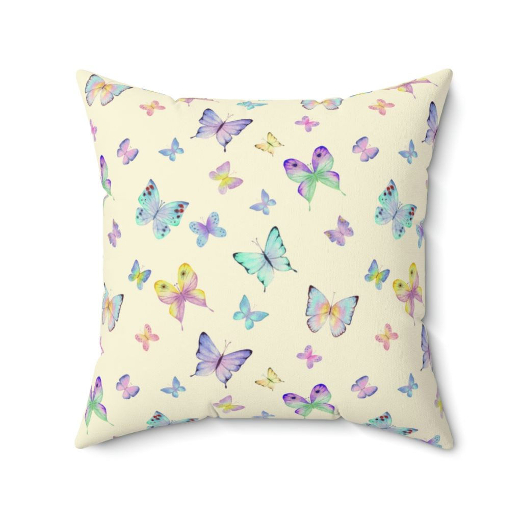 Roblox Girls. Cushion. Colorful butterflies design with lilac and blue tones in beige background. Cool Kiddo 24