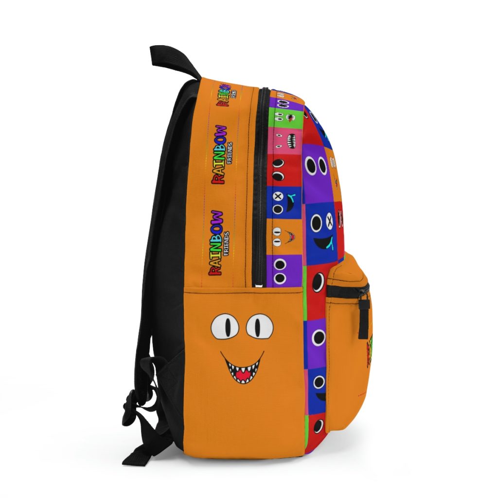 Orange backpack from ORANGE with a grid background with the faces of the Rainbow Friends characters Cool Kiddo