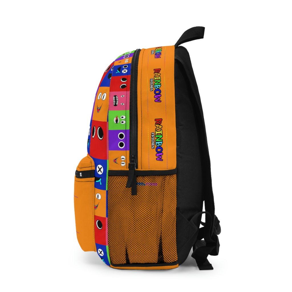 Orange backpack from ORANGE with a grid background with the faces of the Rainbow Friends characters Cool Kiddo 14