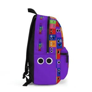 Purple backpack from PURPLE  with a grid background with the faces of the Rainbow Friends characters Cool Kiddo