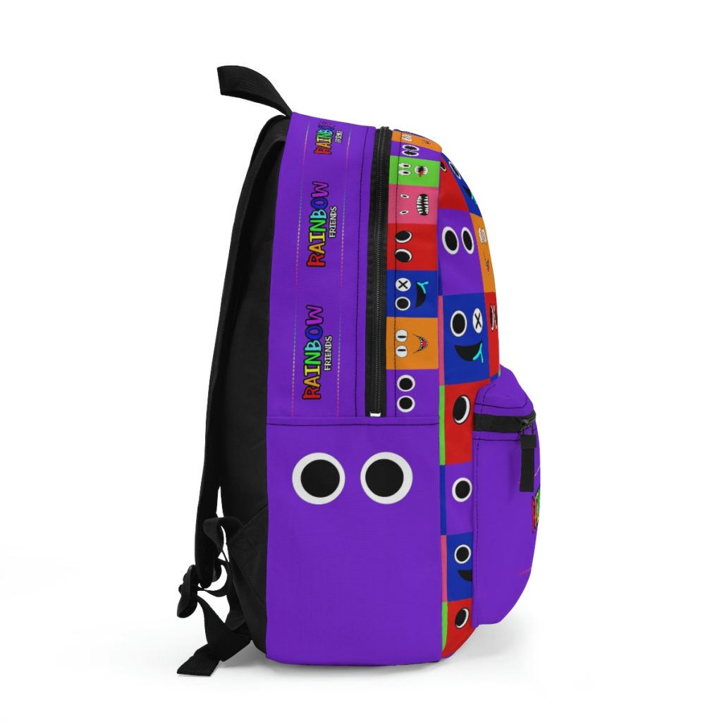 Purple backpack from PURPLE  with a grid background with the faces of the Rainbow Friends characters Cool Kiddo 10