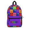 Purple backpack from PURPLE  with a grid background with the faces of the Rainbow Friends characters Cool Kiddo 22