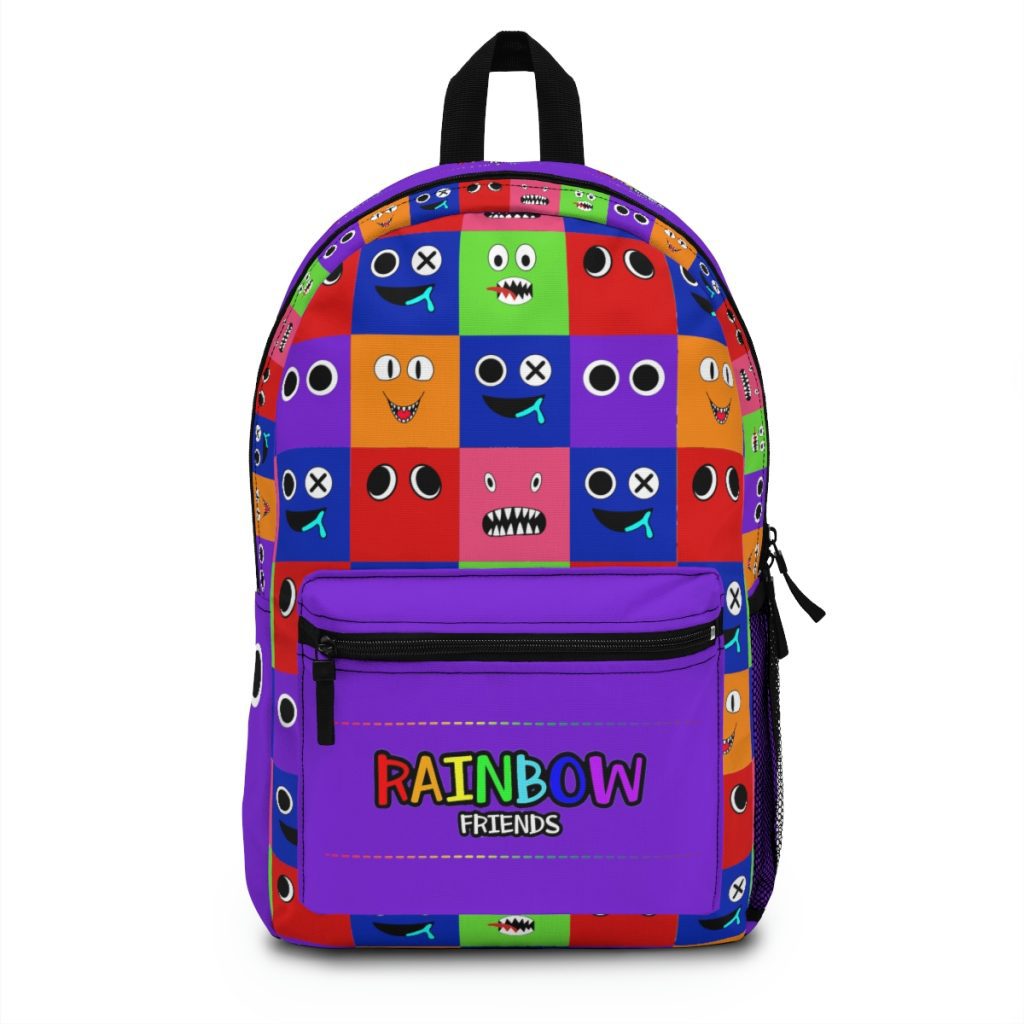 Purple backpack from PURPLE  with a grid background with the faces of the Rainbow Friends characters Cool Kiddo 12