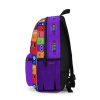 Purple backpack from PURPLE  with a grid background with the faces of the Rainbow Friends characters Cool Kiddo 24