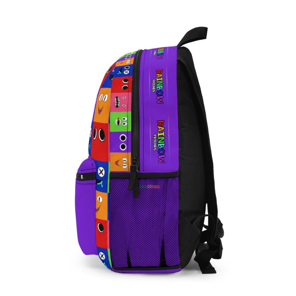 Purple backpack from PURPLE  with a grid background with the faces of the Rainbow Friends characters Cool Kiddo 14