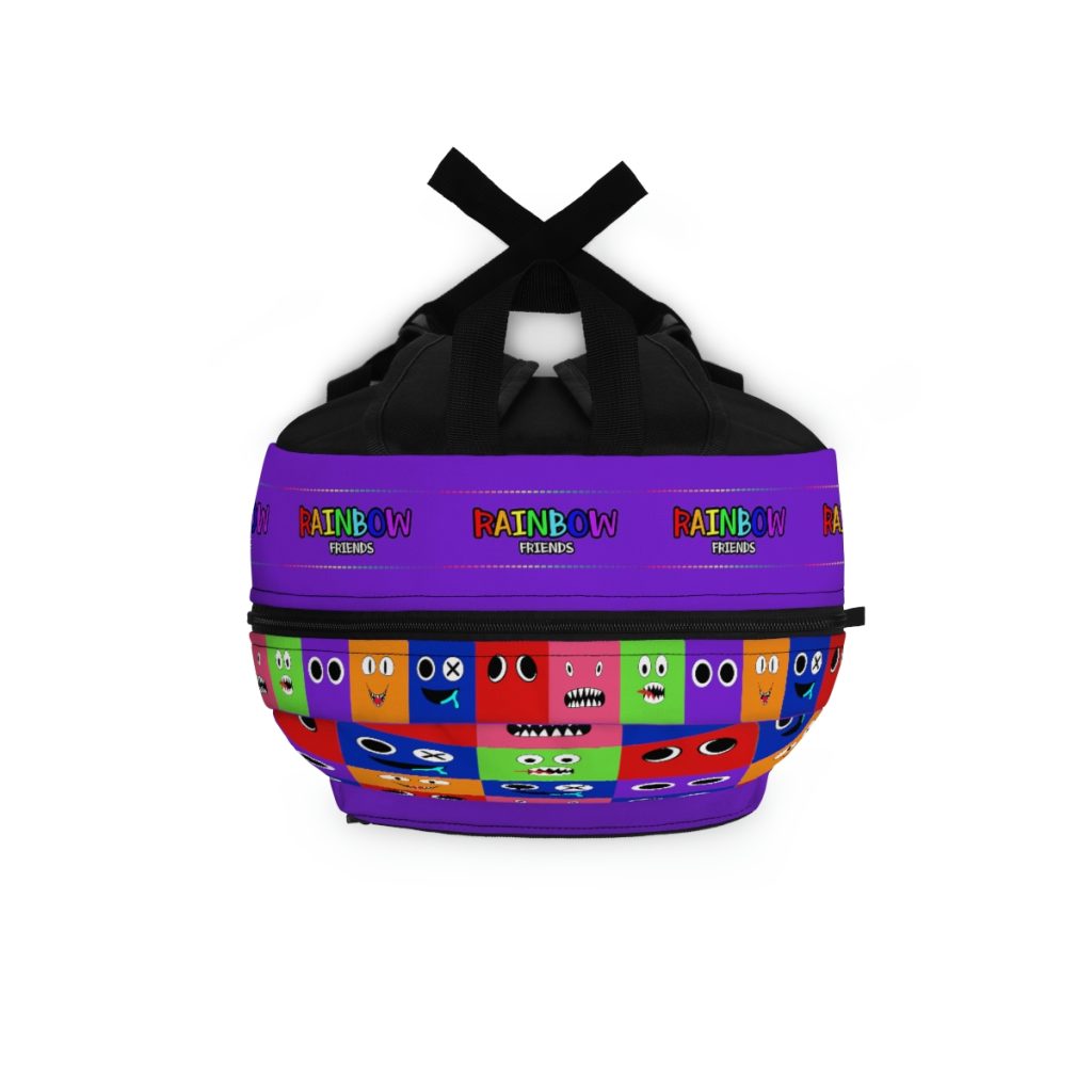 Purple backpack from PURPLE  with a grid background with the faces of the Rainbow Friends characters Cool Kiddo 16