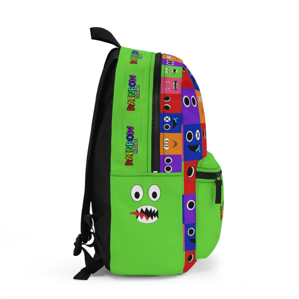 Green backpack from GREEN with a grid background with the faces of the Rainbow Friends characters Cool Kiddo