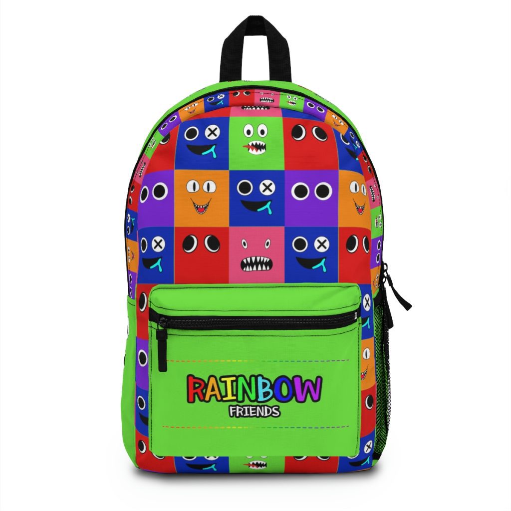 Green backpack from GREEN with a grid background with the faces of the Rainbow Friends characters Cool Kiddo 12
