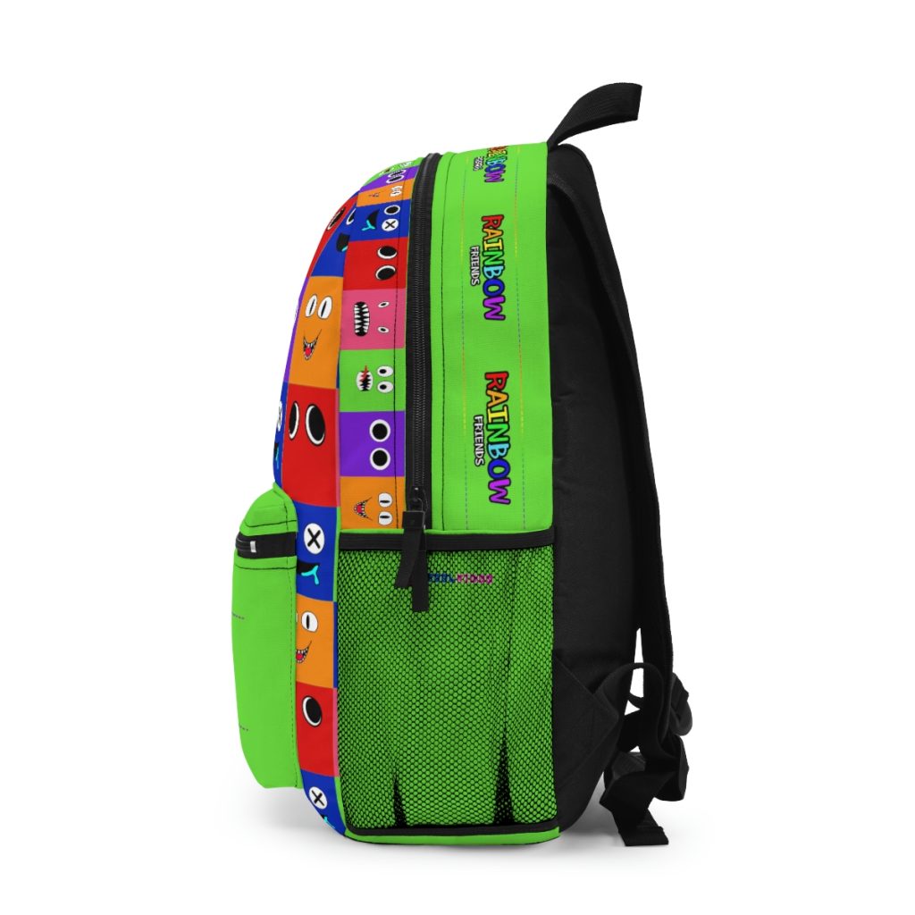 Green backpack from GREEN with a grid background with the faces of the Rainbow Friends characters Cool Kiddo 14