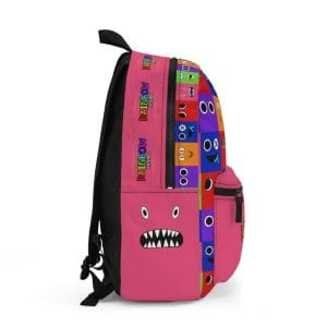 Pink backpack from PINK with a grid background with the faces of the Rainbow Friends characters Cool Kiddo