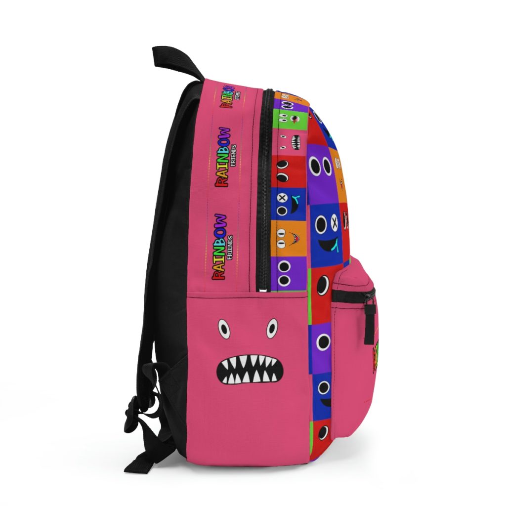 Pink backpack from PINK with a grid background with the faces of the Rainbow Friends characters Cool Kiddo