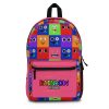 Pink backpack from PINK with a grid background with the faces of the Rainbow Friends characters Cool Kiddo 22