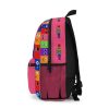 Pink backpack from PINK with a grid background with the faces of the Rainbow Friends characters Cool Kiddo 24