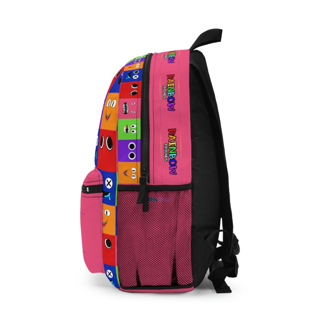 Pink backpack from PINK with a grid background with the faces of the Rainbow Friends characters Cool Kiddo 14
