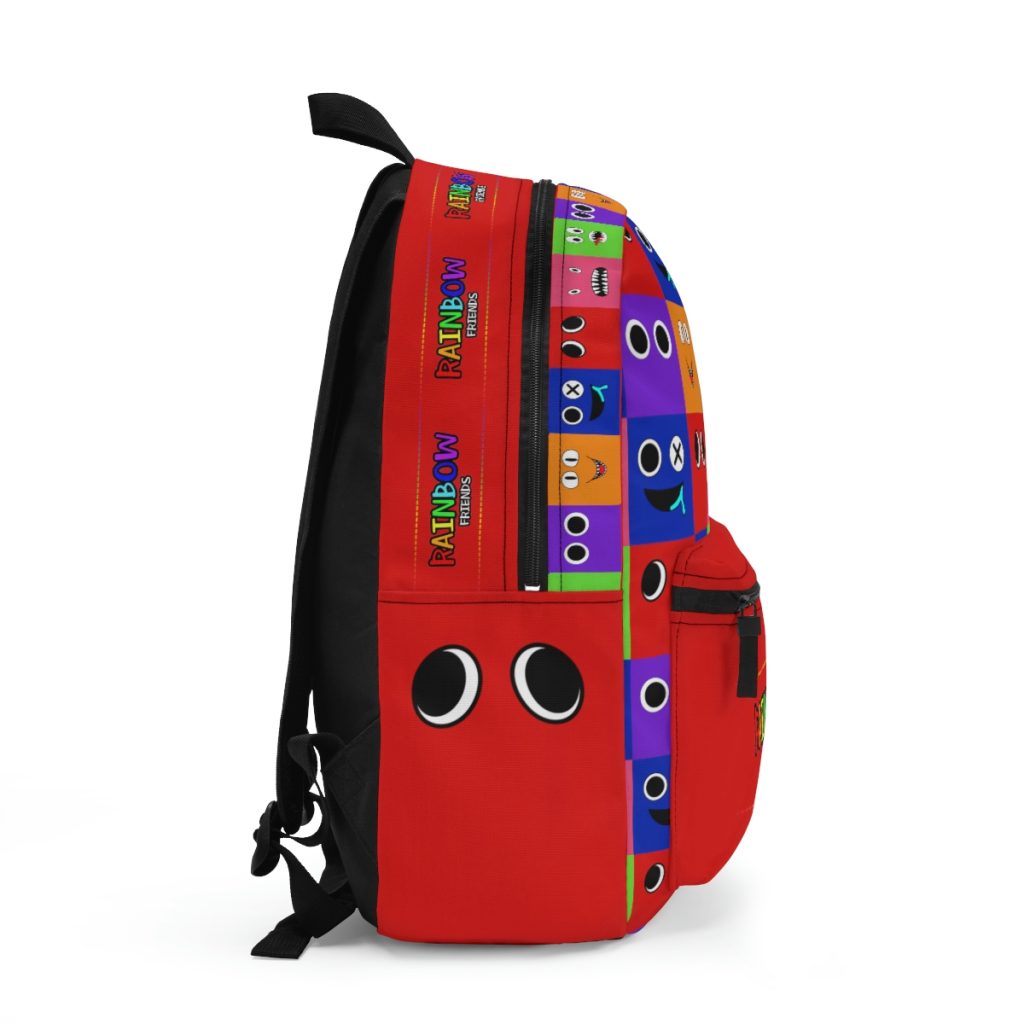 Red backpack from RED with a grid background with the faces of the Rainbow Friends characters Cool Kiddo