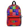 Red backpack from RED with a grid background with the faces of the Rainbow Friends characters Cool Kiddo 22
