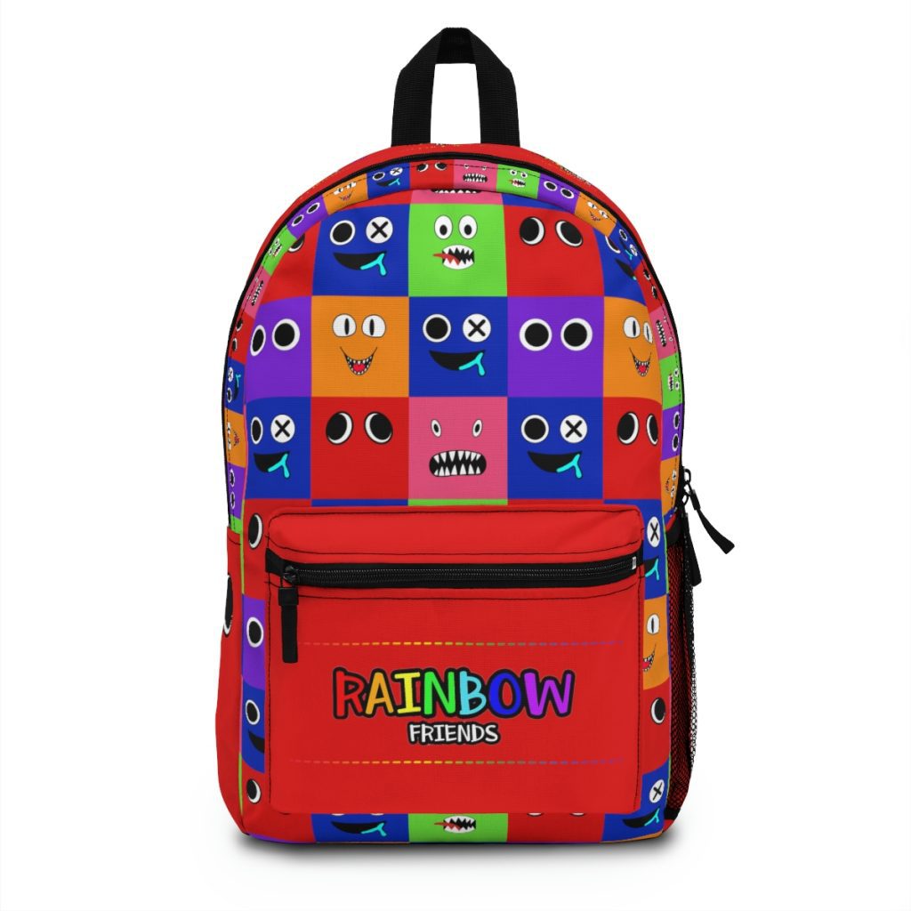 Red backpack from RED with a grid background with the faces of the Rainbow Friends characters Cool Kiddo 12