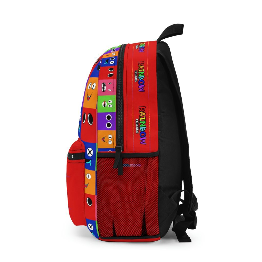 Red backpack from RED with a grid background with the faces of the Rainbow Friends characters Cool Kiddo 14