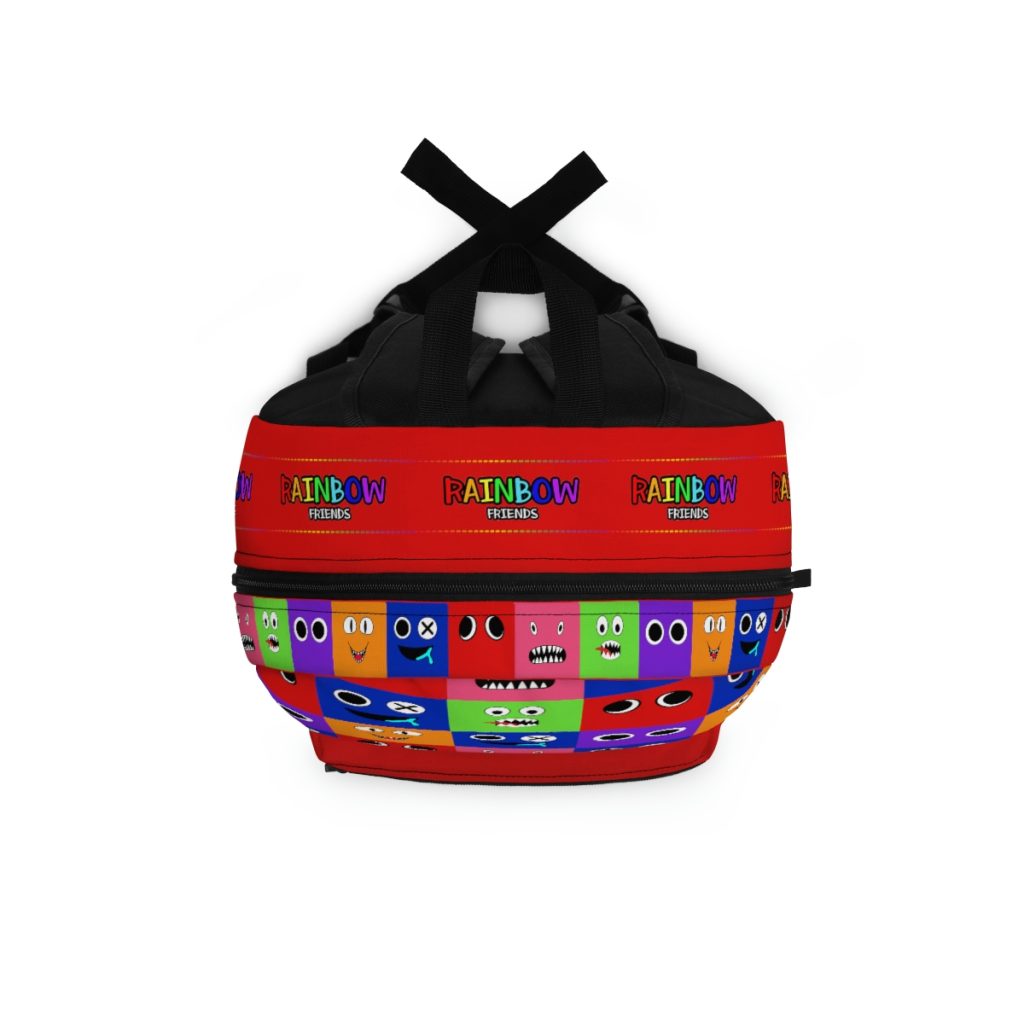 Red backpack from RED with a grid background with the faces of the Rainbow Friends characters Cool Kiddo 16