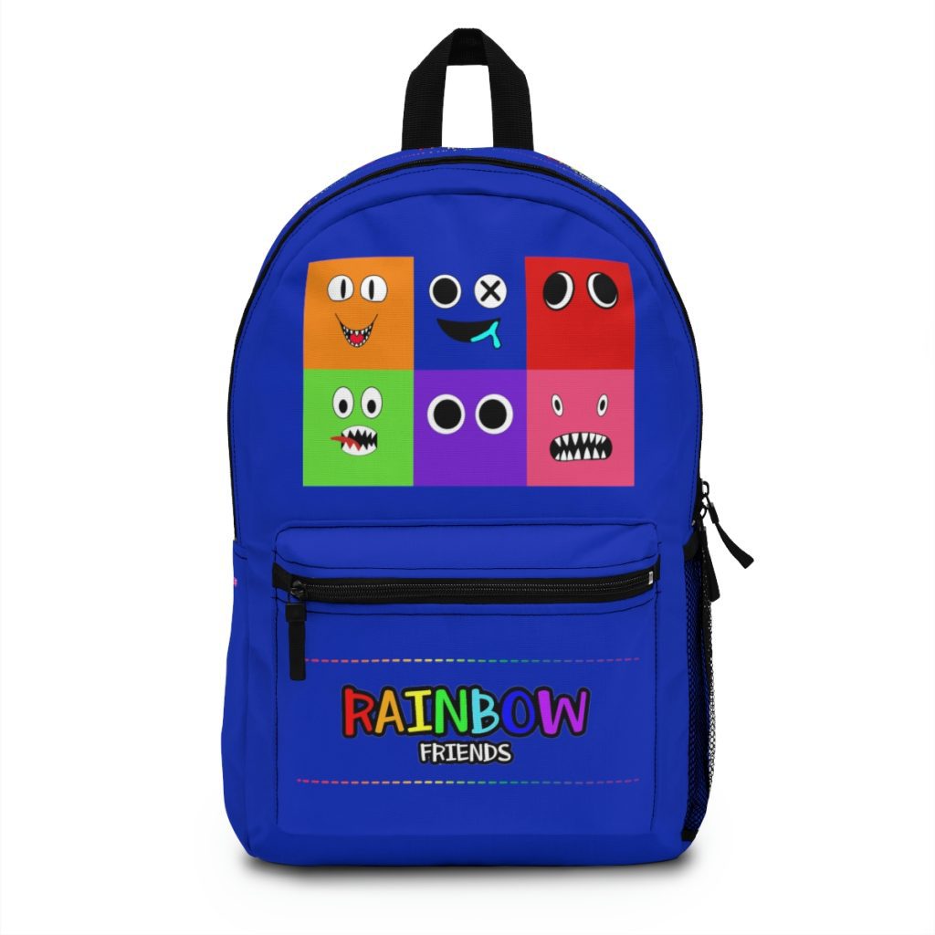 Rainbow Friends Blue backpack with the faces of the characters in a grid. Cool Kiddo