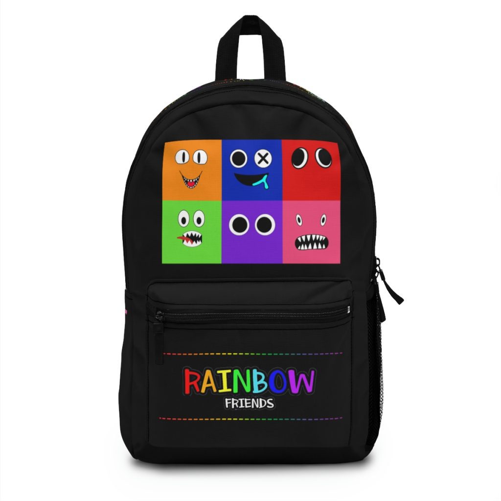 Black Rainbow Friends Backpack with the faces of the characters in a grid. Cool Kiddo
