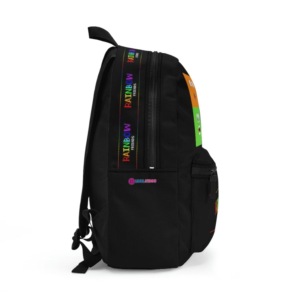 Black Rainbow Friends Backpack with the faces of the characters in a grid. Cool Kiddo 12