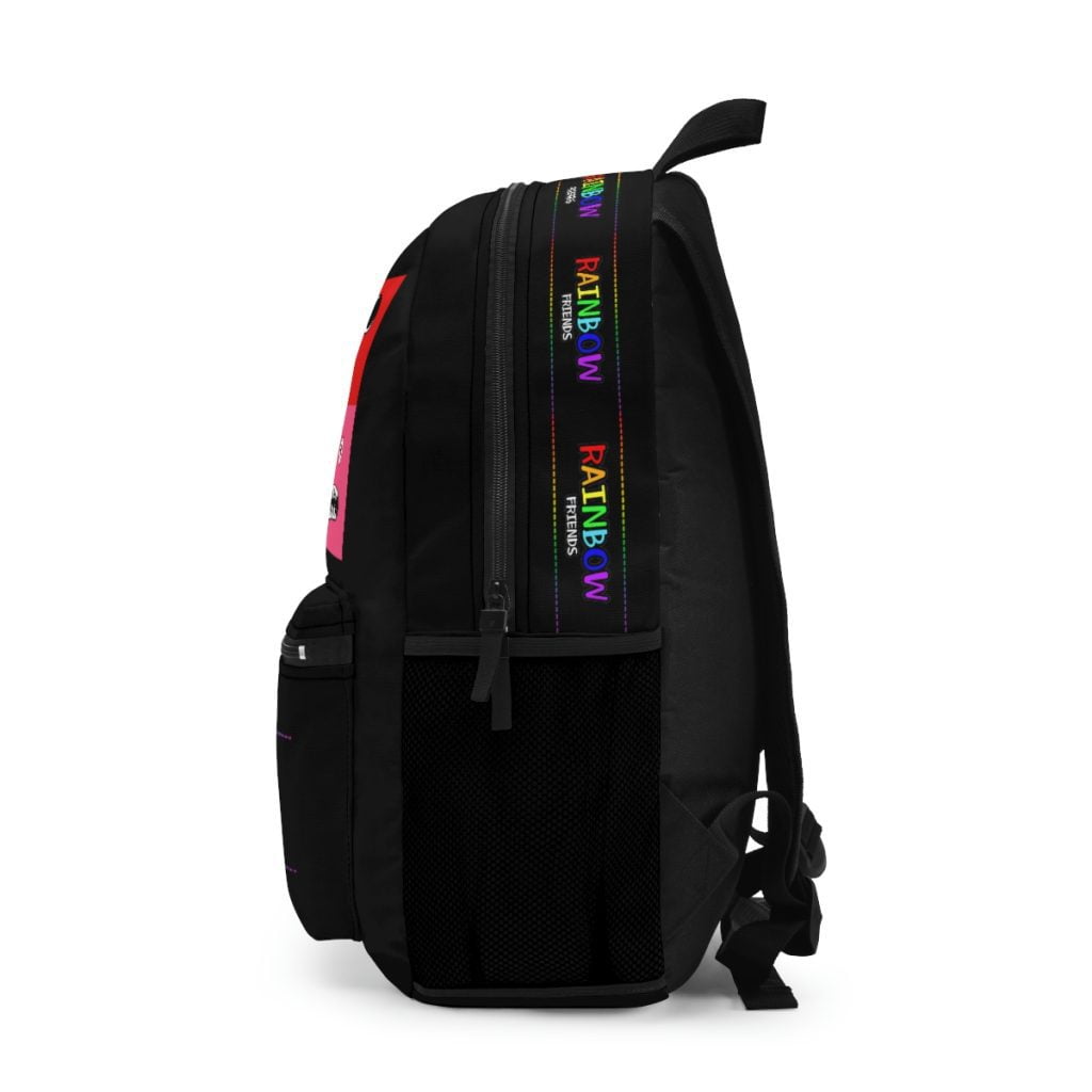 Black Rainbow Friends Backpack with the faces of the characters in a grid. Cool Kiddo 14