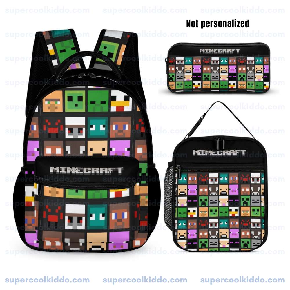 Personalized Minecraft Multicolor Mob Grid 3, Piece Backpack Set, Ergonomic Kids School Bag, Insulated Lunch Box & Pencil Case Bundle