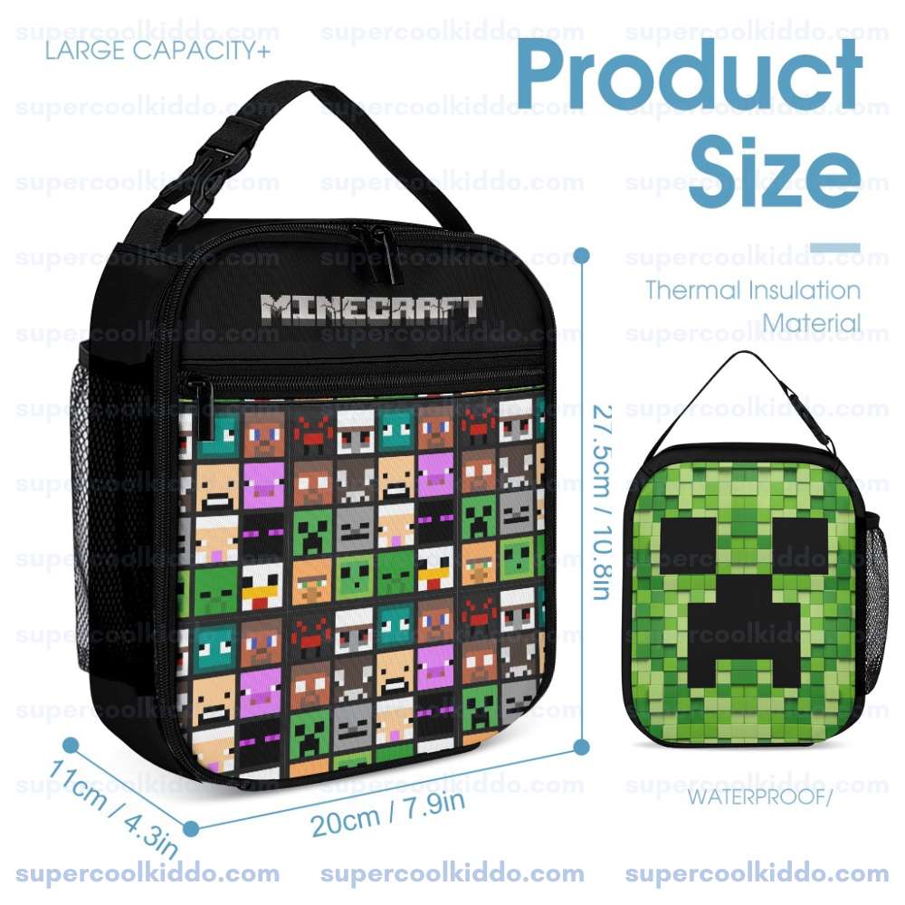 Personalized Minecraft Multicolor Mob Grid 3, Piece Backpack Set, Ergonomic Kids School Bag, Insulated Lunch Box & Pencil Case Bundle