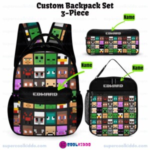 Personalized Minecraft Multicolor Mob Grid 3, Piece Backpack Set, Ergonomic Kids School Bag, Insulated Lunch Box & Pencil Case Bundle
