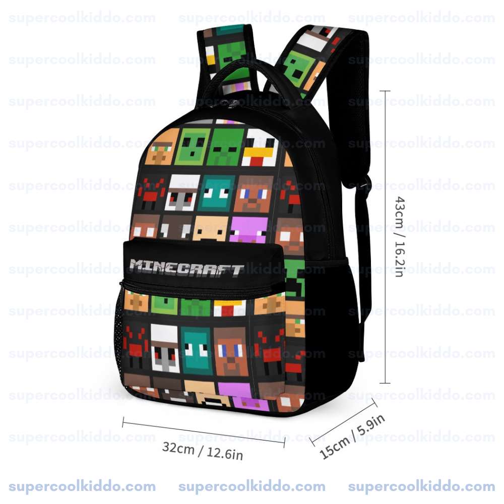 Personalized Minecraft Multicolor Mob Grid 3, Piece Backpack Set, Ergonomic Kids School Bag, Insulated Lunch Box & Pencil Case Bundle