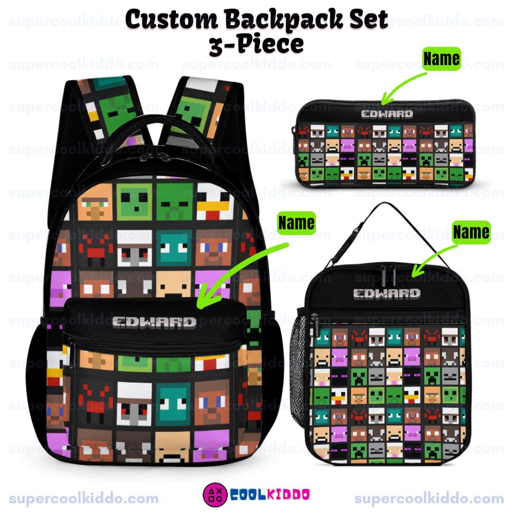 Personalized Minecraft Multicolor Mob Grid 3, Piece Backpack Set, Ergonomic Kids School Bag, Insulated Lunch Box & Pencil Case Bundle