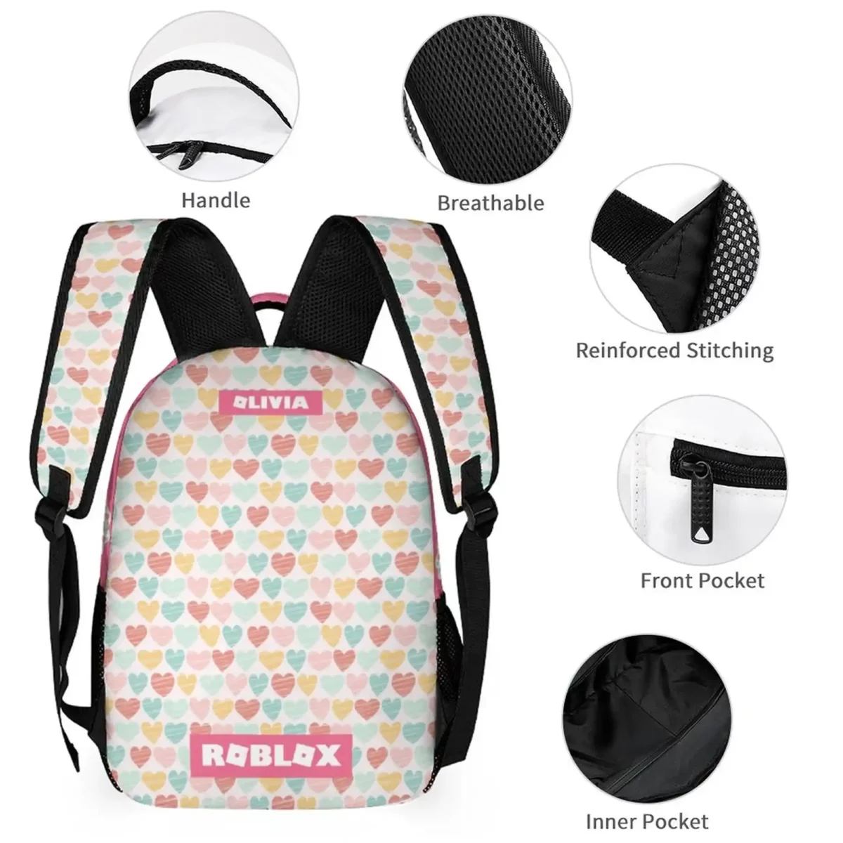 Personalized Roblox Girl’s Backpack with Pastel Hearts Background Cool Kiddo 24