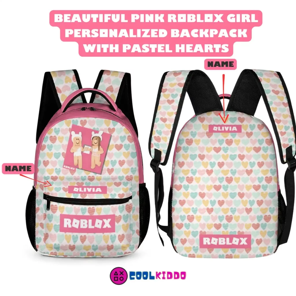 Personalized Roblox Girl’s Backpack with Pastel Hearts Background Cool Kiddo Personalized Roblox Girl's Backpack with Pastel Hearts Background