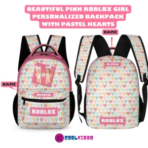 Personalized Roblox Girl’s Backpack with Pastel Hearts Background Cool Kiddo