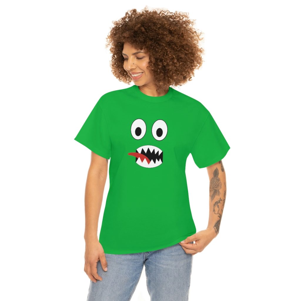 GREEN FACE. Blue Rainbow Friends. (Front and Back)  Unisex Heavy Cotton Tee Cool Kiddo 14