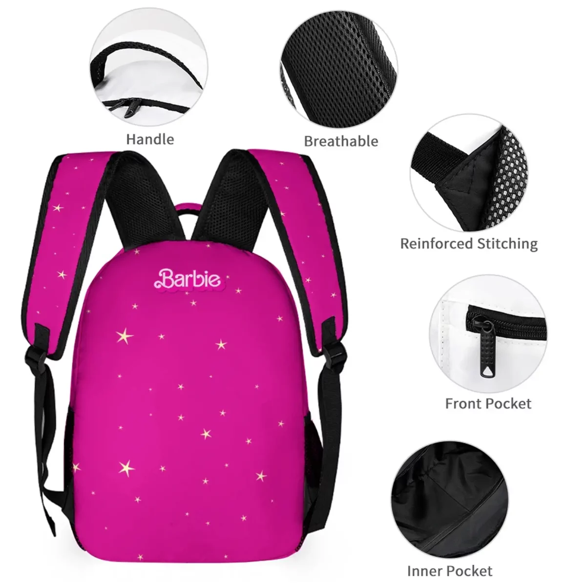 Fuchsia and Pink Three Piece Set: Backpack. Lunch Bag and Pencil Pouch Customizable Barbie Movie Backpack for School Cool Kiddo 14