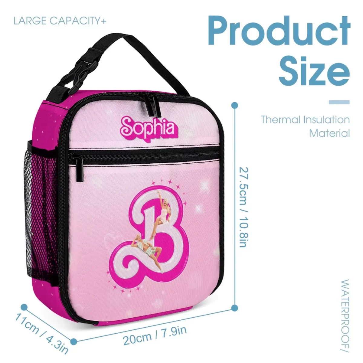 Fuchsia and Pink Three Piece Set: Backpack. Lunch Bag and Pencil Pouch Customizable Barbie Movie Backpack for School Cool Kiddo 12