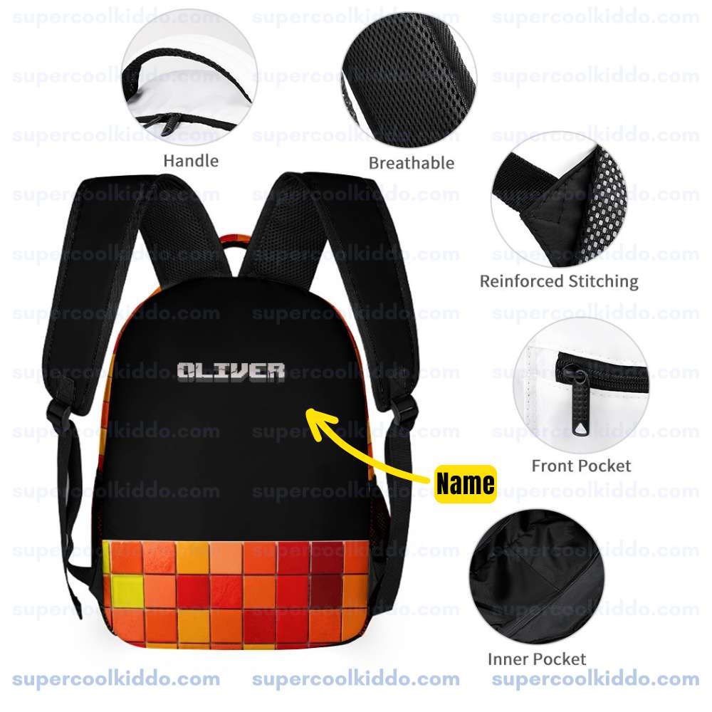Preston Playz Minecraft Orange and Black Backpack for School, Personalized Red and Orange Pixel Creeper 3 Piece Backpack Set.