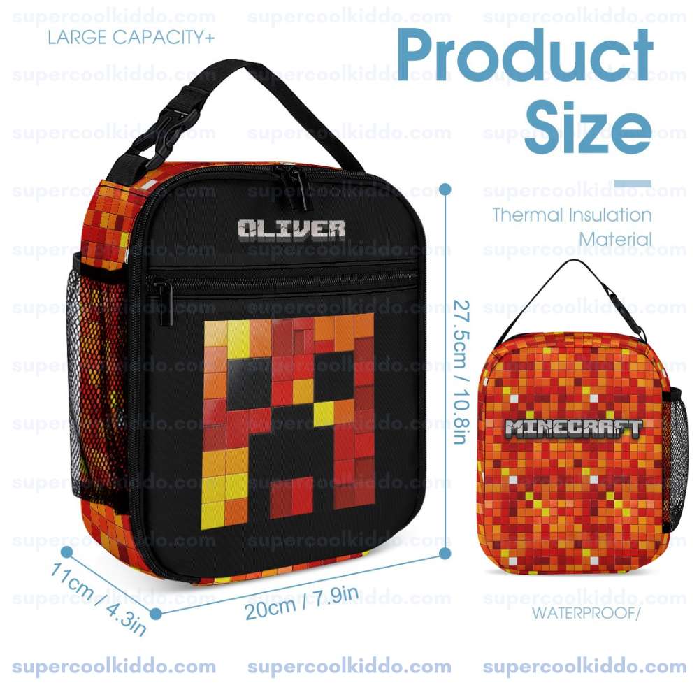 Preston Playz Minecraft Orange and Black Backpack for School, Personalized Red and Orange Pixel Creeper 3 Piece Backpack Set.