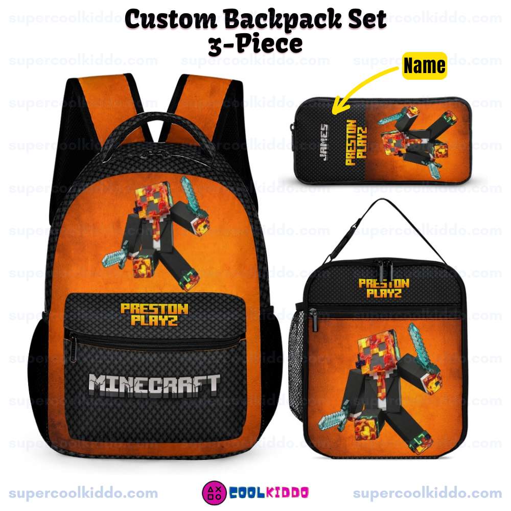 Preston Playz Minecraft Orange and Black Backpack, Prestonplayz 3 piece custom backpack set