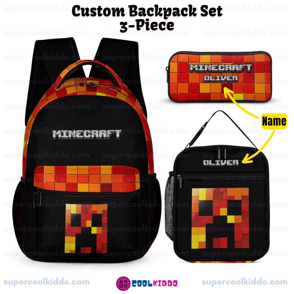 Preston Playz Minecraft Orange and Black Backpack for School, Personalized Red and Orange Pixel Creeper 3 Piece Backpack Set.